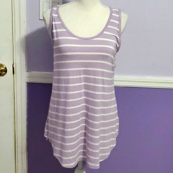Zenana Premium Lilac & White Striped Soft Flowy Longline Tank Top - Picture 1 of 7